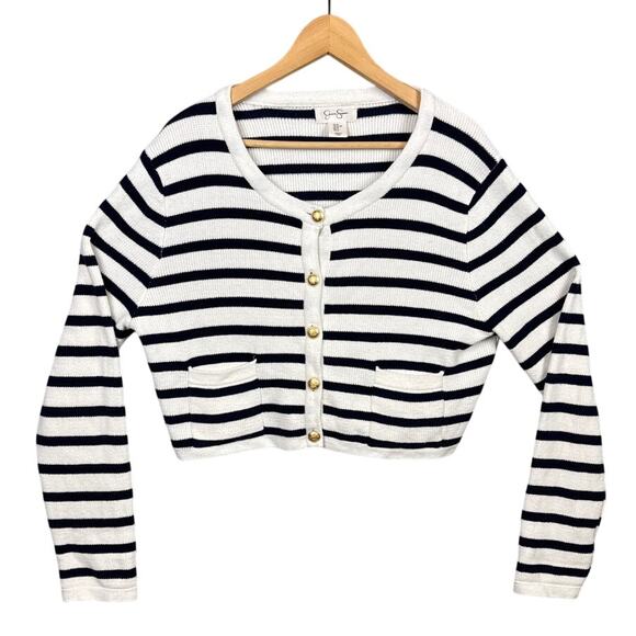 Jessica Simpson Cardigan Nautical Stripe Cropped White Blue Gold Buttons Size XL - Picture 2 of 9